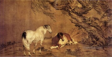 中国の伝統的な柳の影の下で輝くラング2頭の馬 Oil Paintings